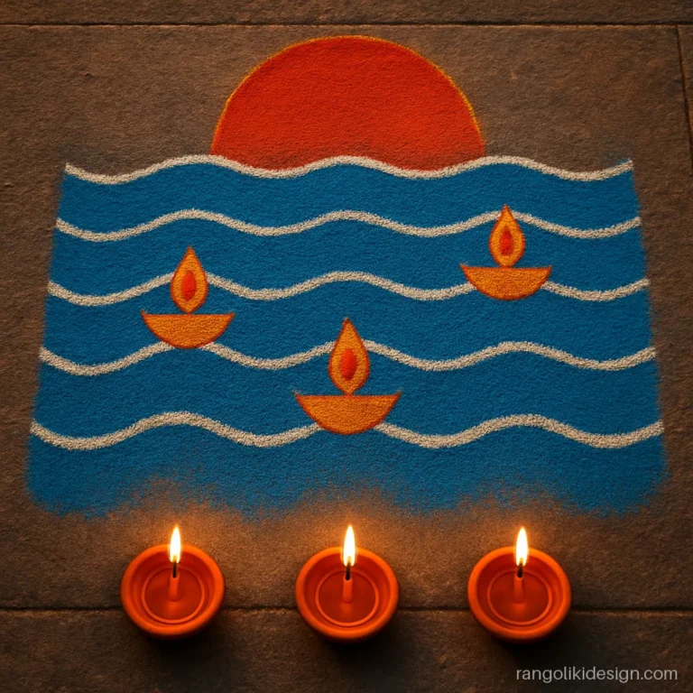 Chhath rangoli design with diyas floating on water lines at the ghat