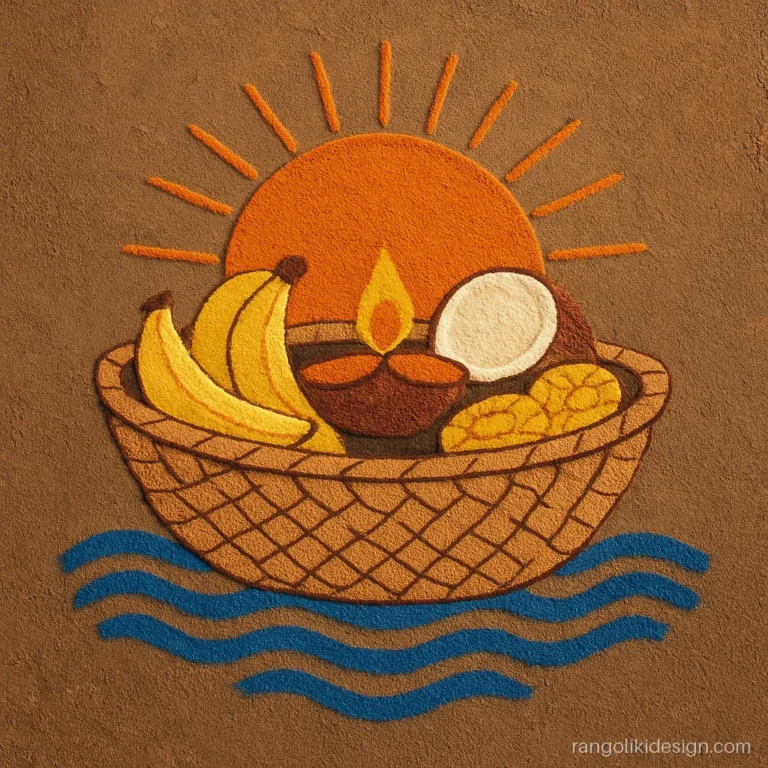 Chhath puja rangoli design with a bamboo soop holding fruit under the rising sun