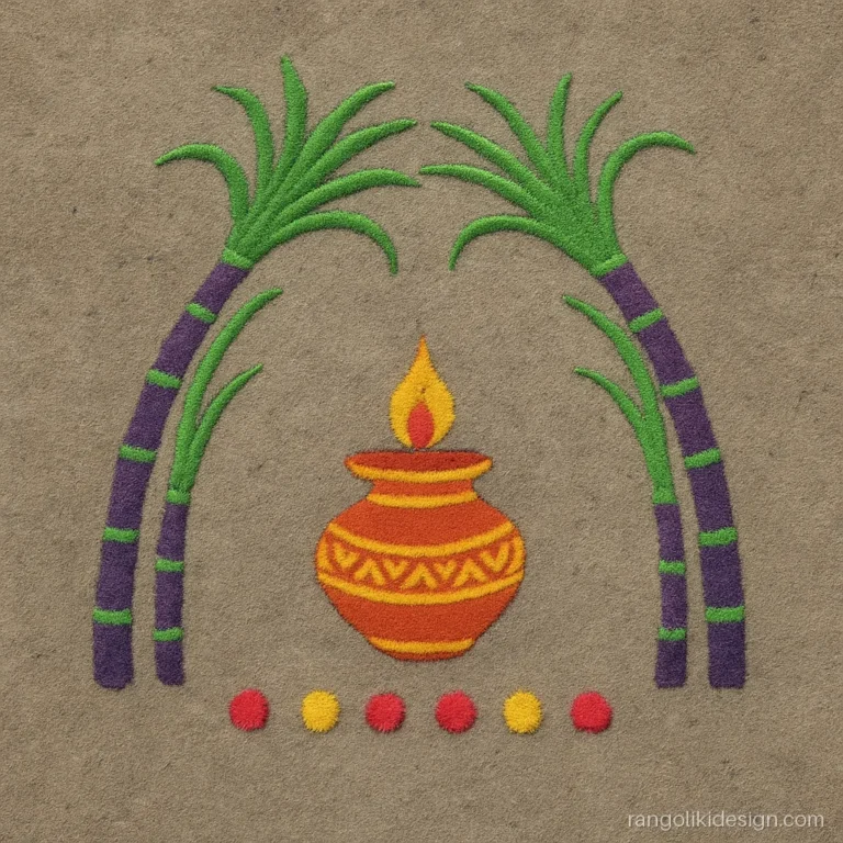 Rangoli designs for chhath puja with sugarcane stalks forming an arch