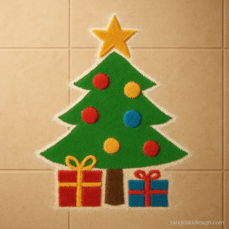 Christmas rangoli design of a green tree with a gold star and ornaments