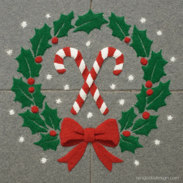 Christmas rangoli with a holly wreath, red bow and candy canes