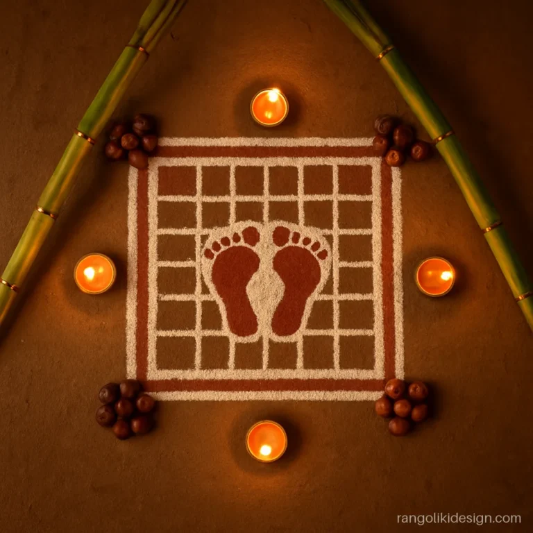 Dev uthani ekadashi rangoli with a sugarcane mandap over a square chowk and footprints
