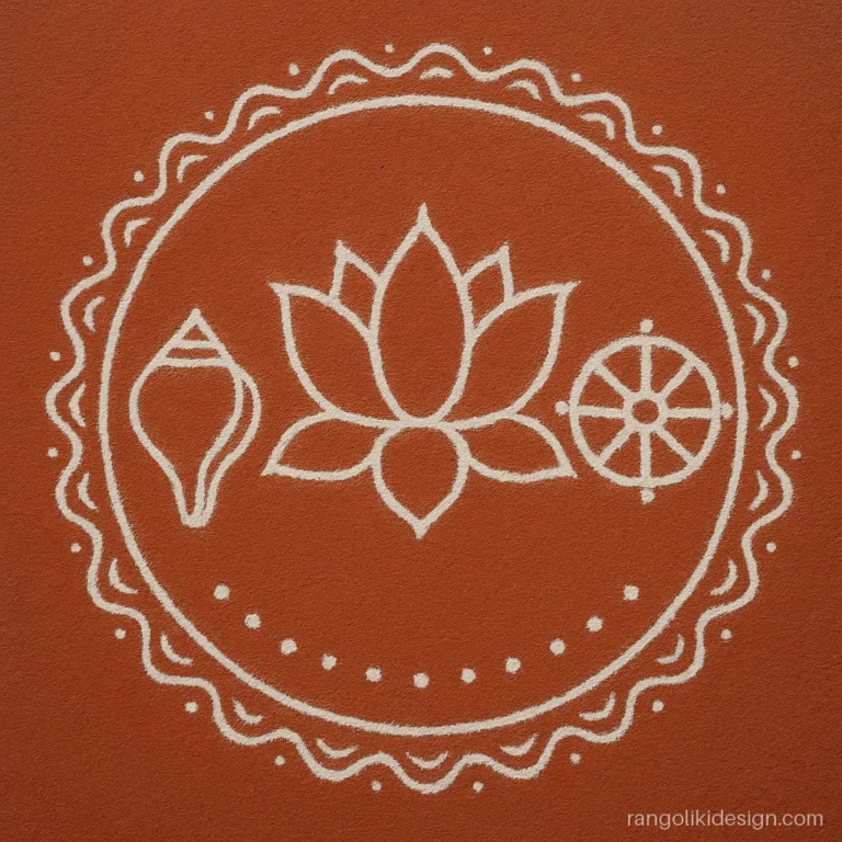 Gyaras rangoli in red geru and white with a conch, chakra and lotus