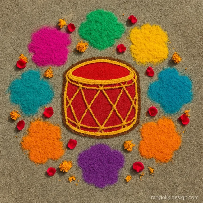 Holi special rangoli with a dhol drum and bursts of pink, green and yellow colour