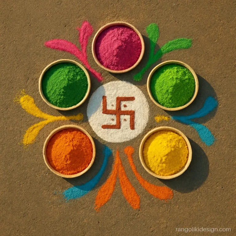 Holi rangoli design with five bowls of gulal and splashes of colour
