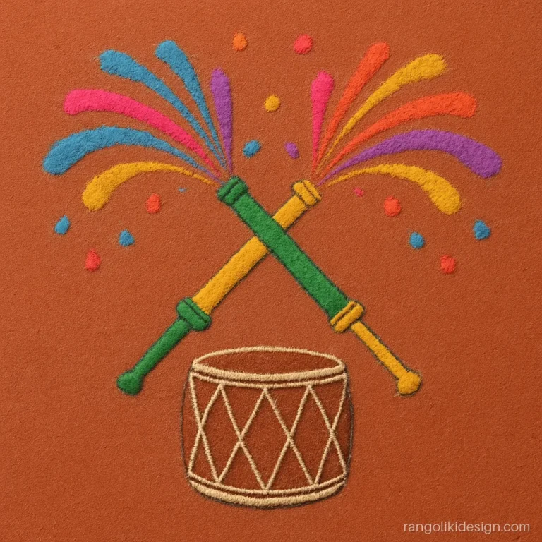 Rangoli designs for Holi with two crossed pichkaris spraying rainbow colour
