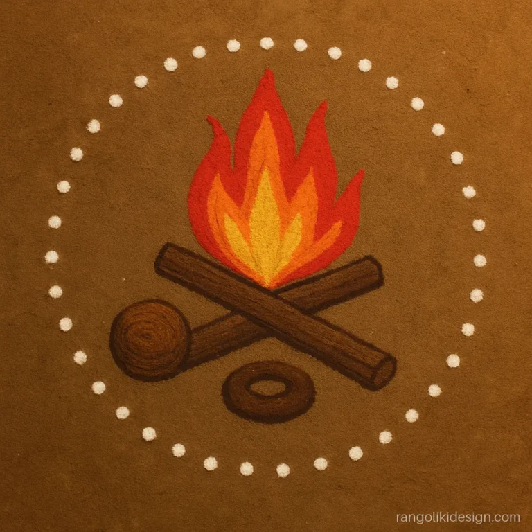Simple holi rangoli design with Holika dahan flames and coconut