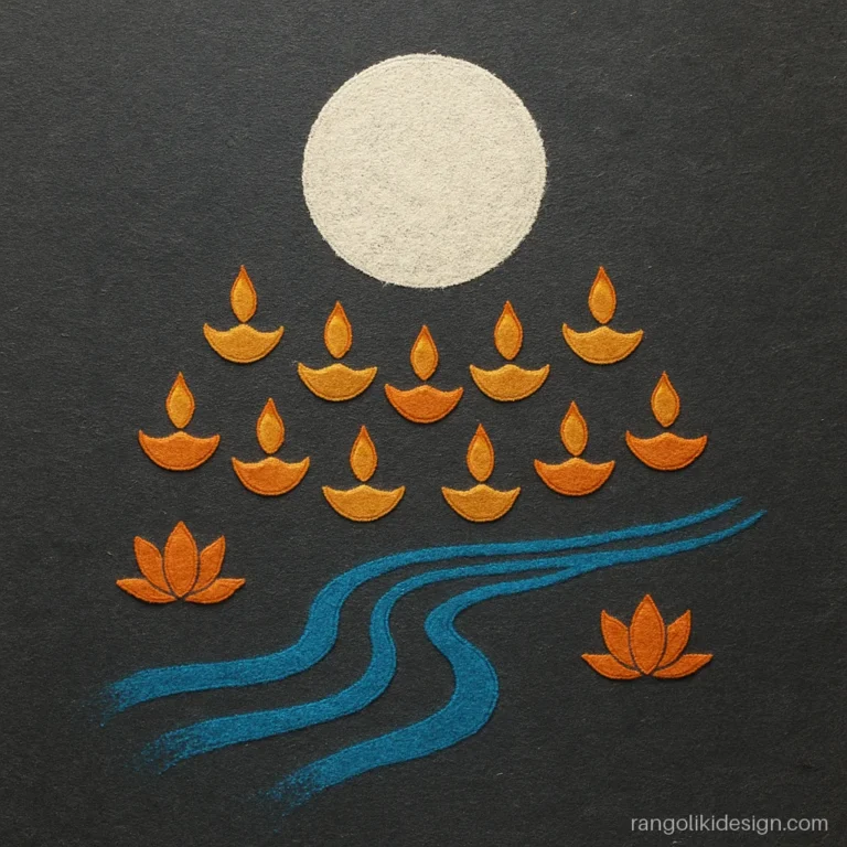 Rangoli designs for kartik purnima with a full moon and rows of diyas