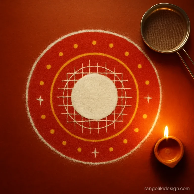 Karva chauth rangoli design with a sieve, full moon and diya on a red ground