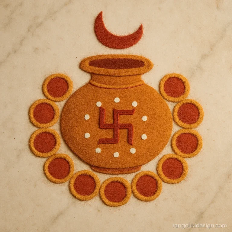 Simple karva chauth rangoli design with a decorated karva pot and bangles