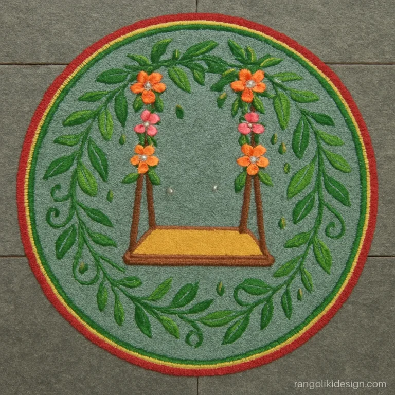 Teej rangoli design with a decorated jhula swing and green leaves