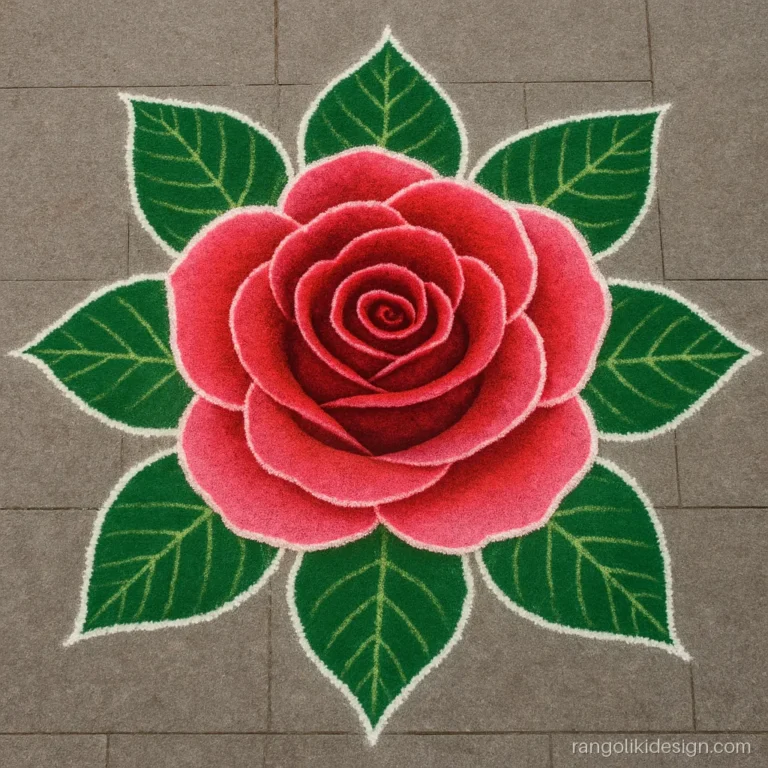 Big flower rangoli design of a layered red rose with shaded petals and leaves