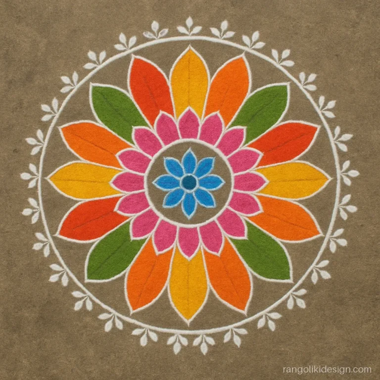 Big flower rangoli designs with sixteen petals for a courtyard chowk