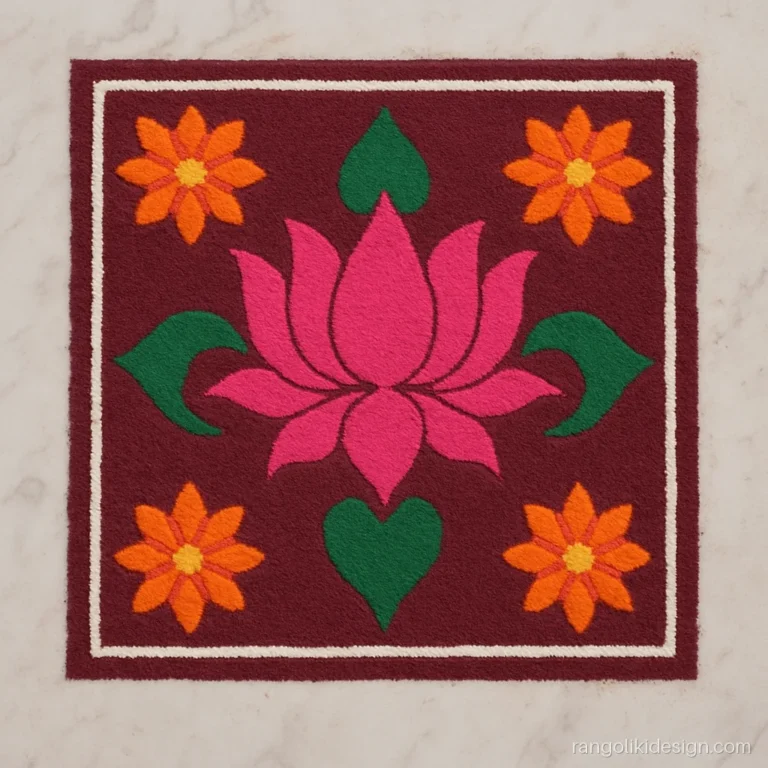 Big floral rangoli in a square frame with corner flowers and a lotus in the centre
