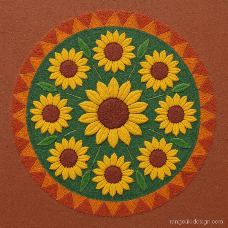 Big flower rangoli designs with colours in a wheel of nine yellow sunflowers