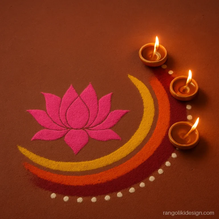 Flower easy rangoli designs for diwali in a corner with a lotus and three diyas