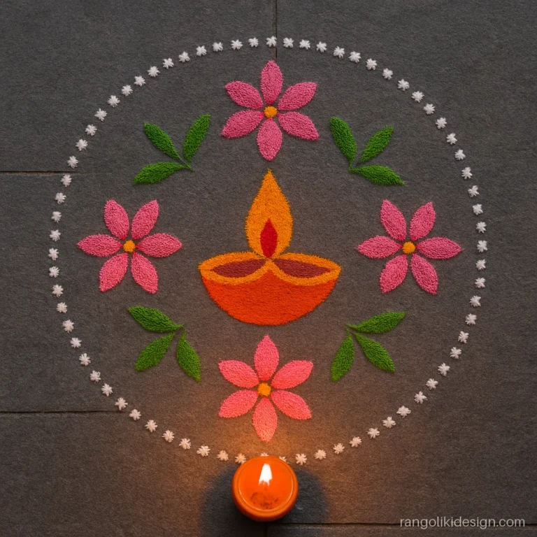Flower rangoli designs for diwali with a drawn diya in the centre and four pink flowers