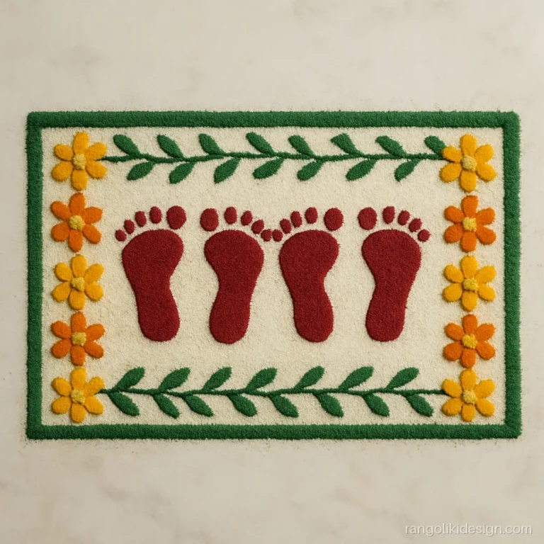 Diwali flower rangoli designs with Laxmi charan footprints between two rows of flowers