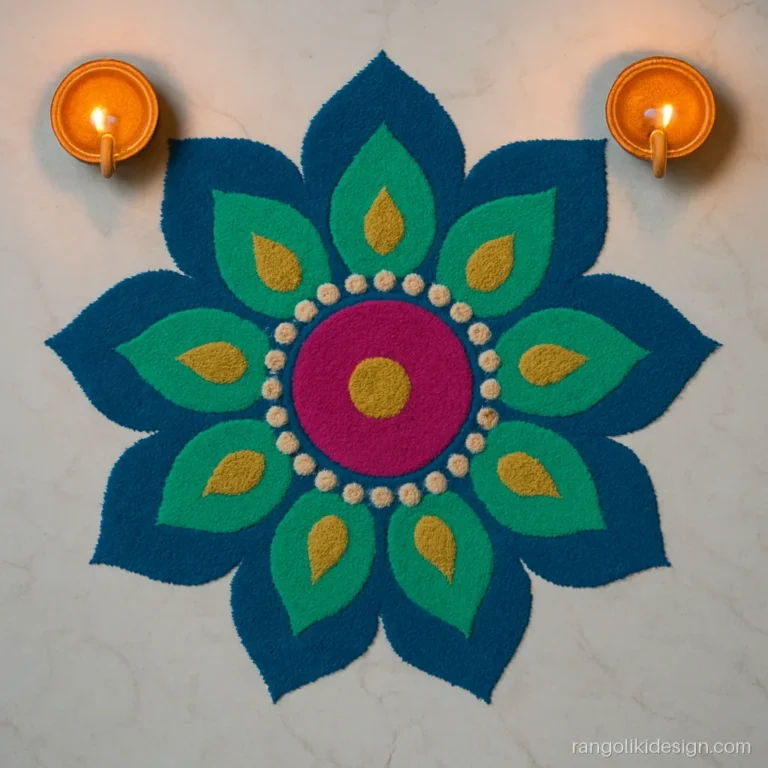 Flower rangoli designs for diwali with colours in peacock blue, teal and gold