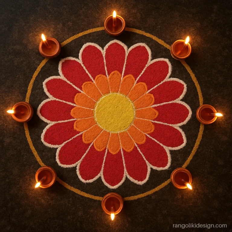 Easy flower rangoli designs for diwali with eight clay diyas around one red flower