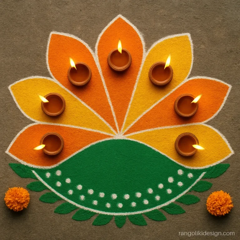 Diwali flower rangoli designs in a half circle with a small diya inside each petal