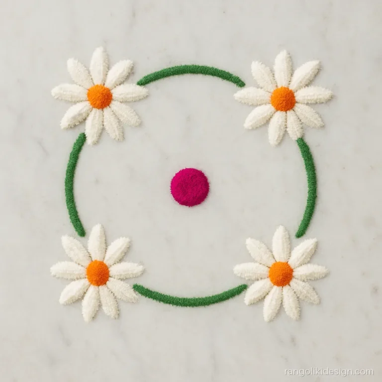 Easy small flower rangoli designs with four tiny daisies joined by green stems