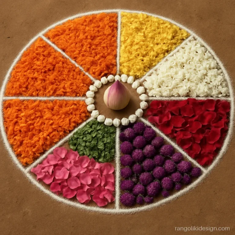 Floral rangoli design made with petals in eight colour wedges inside a circle