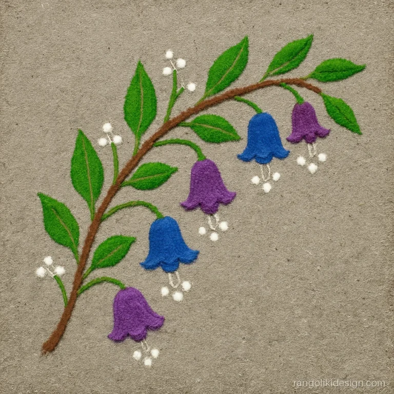 Easy flower rangoli designs with a branch of hanging purple and blue bell flowers