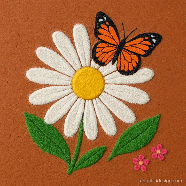 Flower rangoli designs easy for kids with a butterfly sitting on a big daisy
