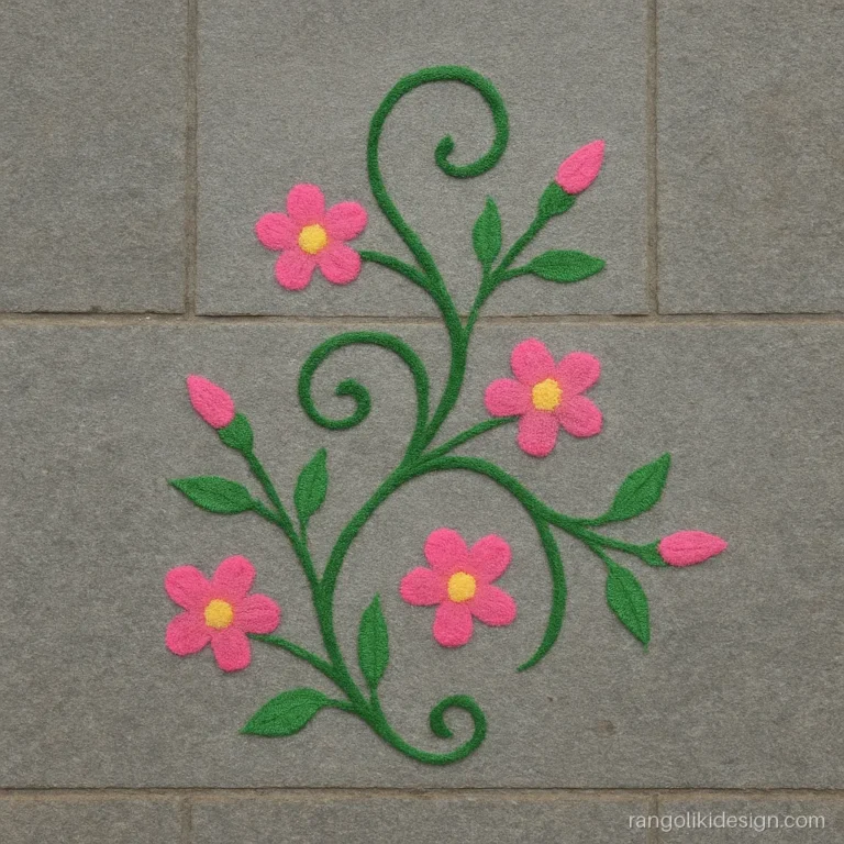 Free hand flower rangoli designs with a curling green vine and small pink blossoms