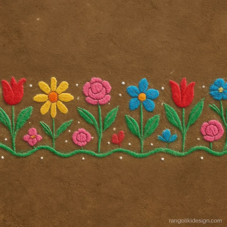 Flower rangoli designs with colours drawn free hand as a long garden border strip