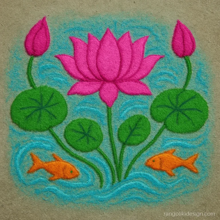 Free hand lotus rangoli designs with one open lotus, two buds and round leaves