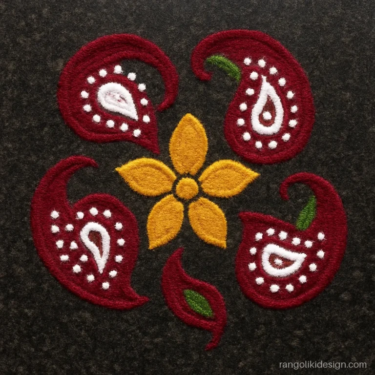 Free hand flower rangoli with four maroon paisleys curling around a gold flower