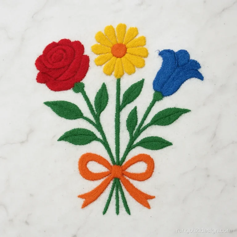 Simple free hand flower rangoli designs showing a bouquet of three flowers with a bow