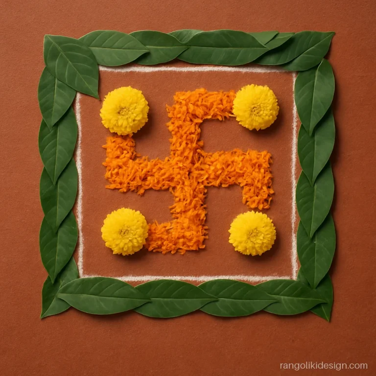 Fulanchi rangoli with a swastik of marigold petals framed by mango and ashoka leaves