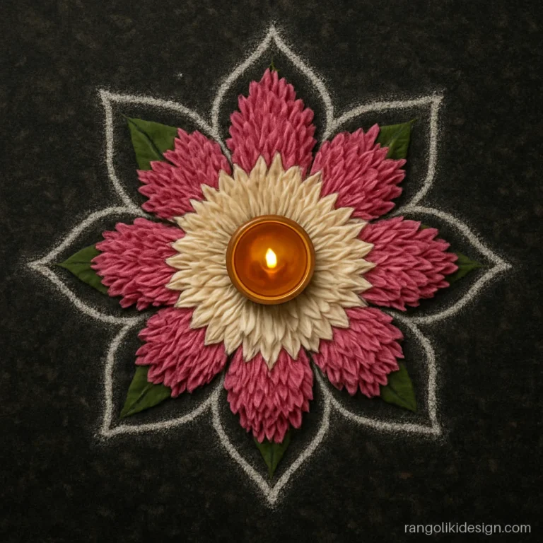 Easy rangoli with flowers and leaves in a lotus shape holding one brass diya