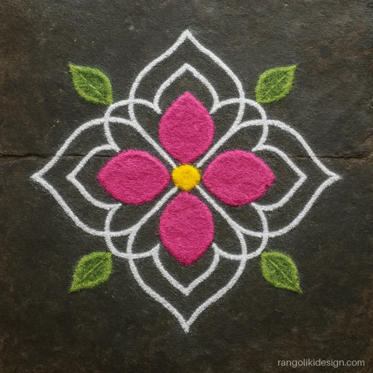 Flower rangoli with dots 9 5 grid in white kolam lines and pink petal fills