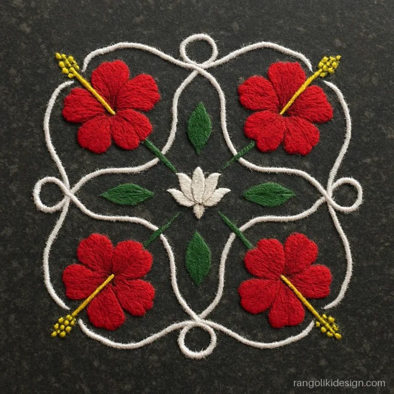 Colourful flower rangoli kolam with red hibiscus heads on a 13 to 7 dot grid