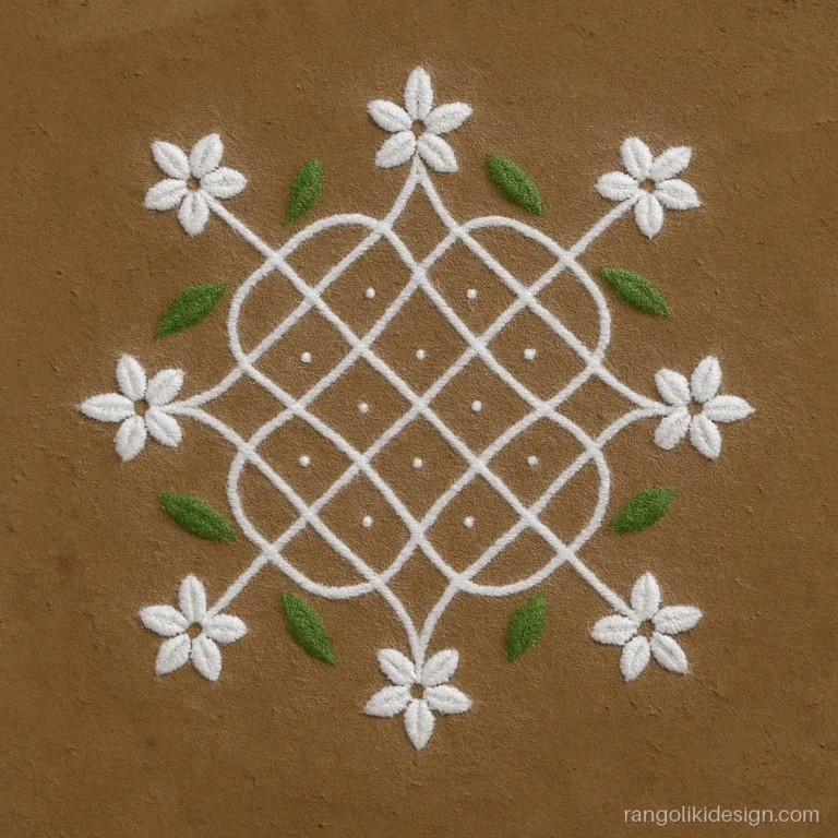 Flower rangoli kolam of jasmine vines looping around a 7 by 7 dot grid