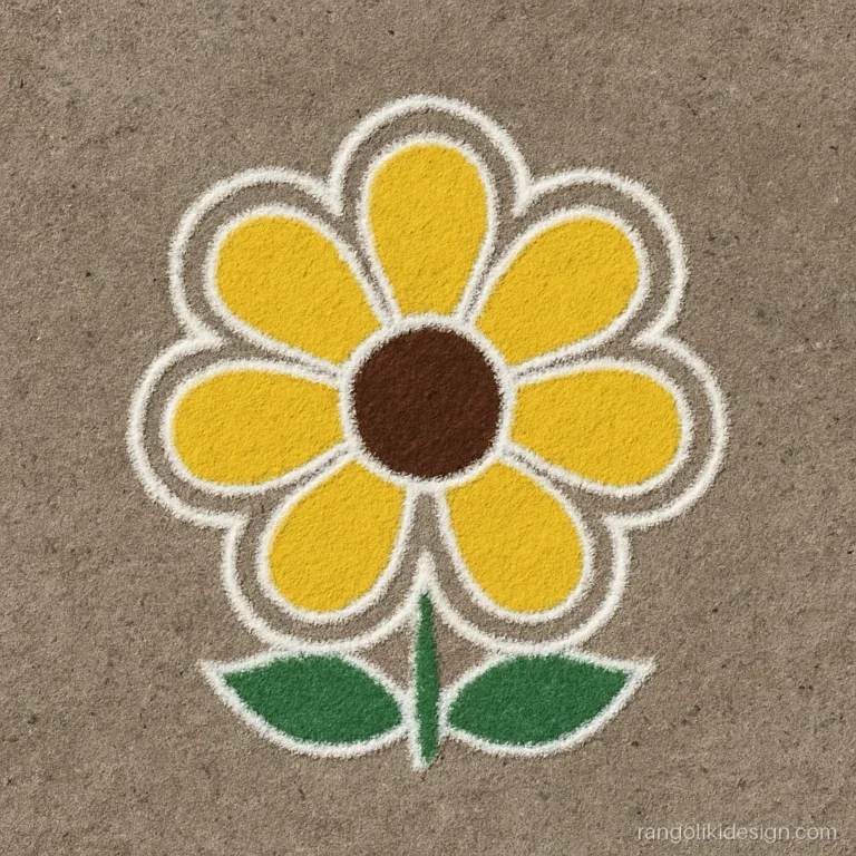 Small flower rangoli kolam on a 3 dot grid with a yellow sunflower centre
