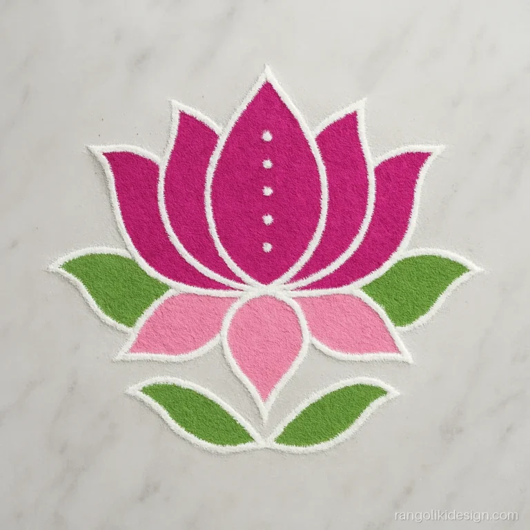 Lotus rangoli designs with dots joined on a 9 to 5 dot grid in magenta