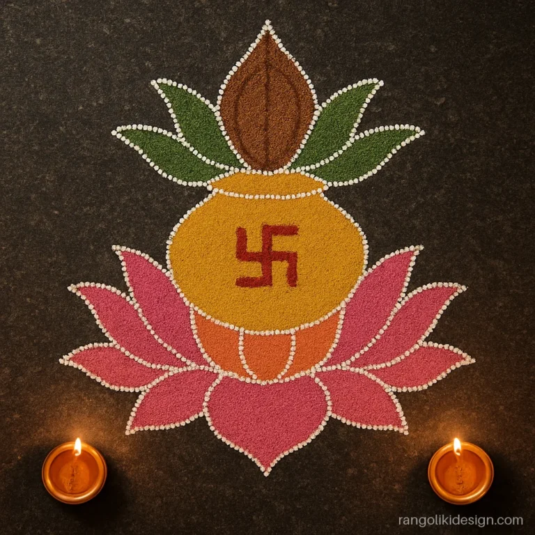 Lotus rangoli designs for diwali with a kalash and mango leaves drawn above it