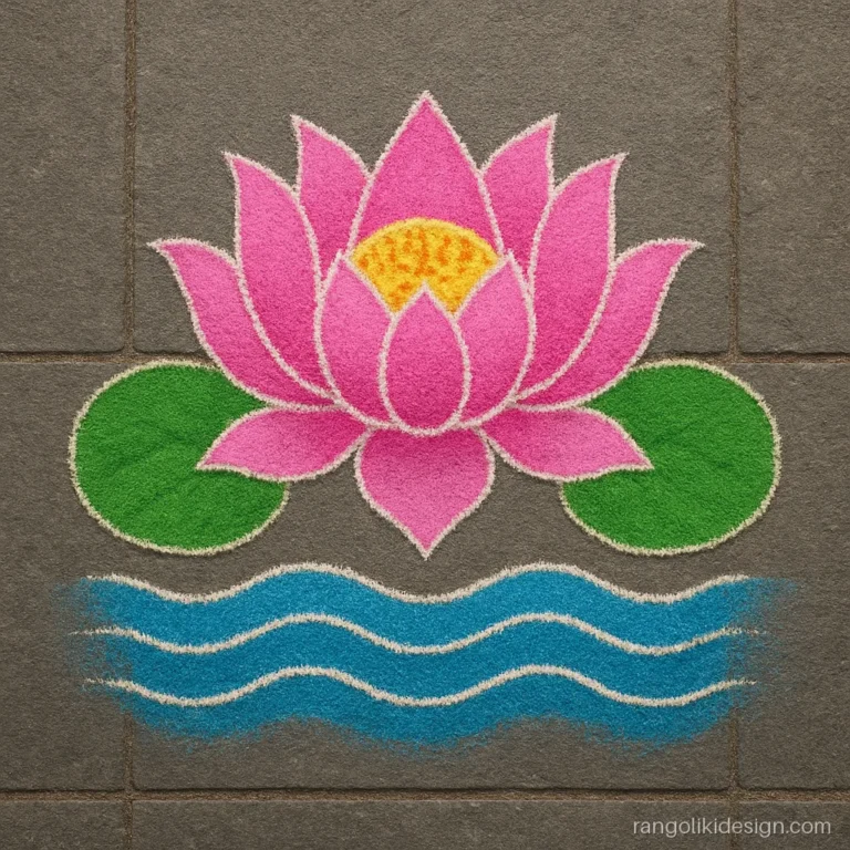 Lotus rangoli design with a classic pink lotus floating on blue water lines