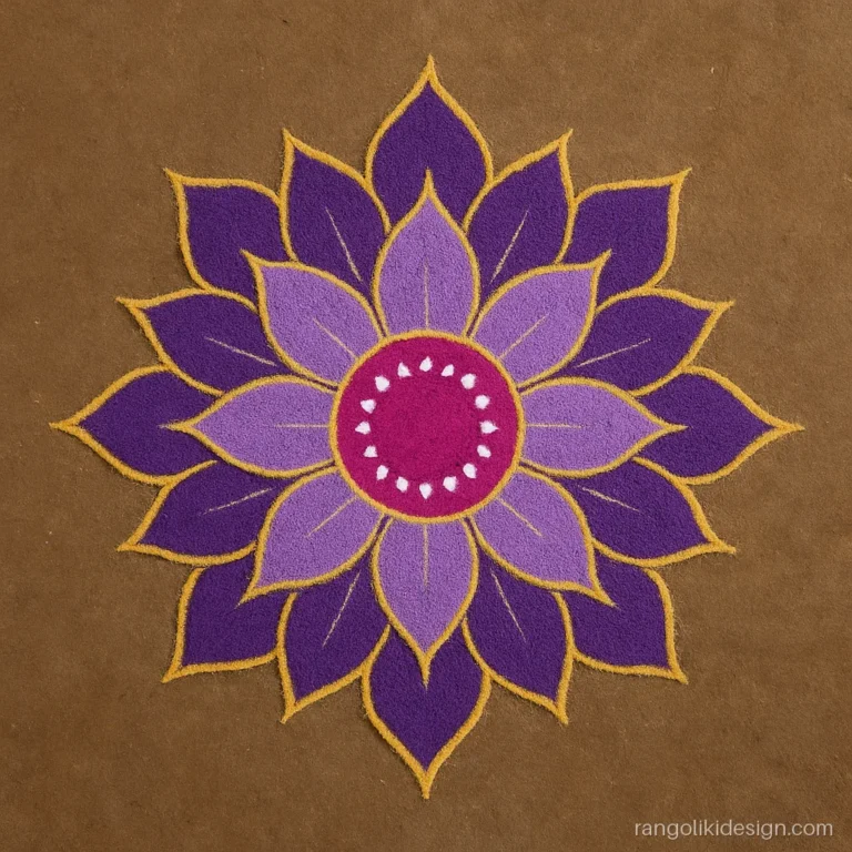 Lotus rangoli designs with colours in purple, lavender and thin gold edges