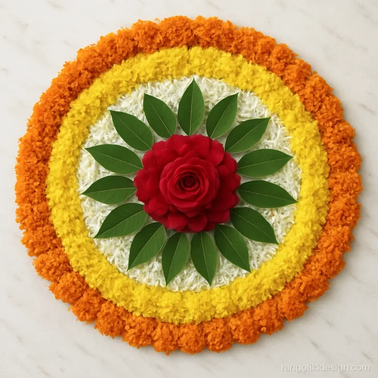 Fresh flowers rangoli design with orange and yellow marigold petals in rings