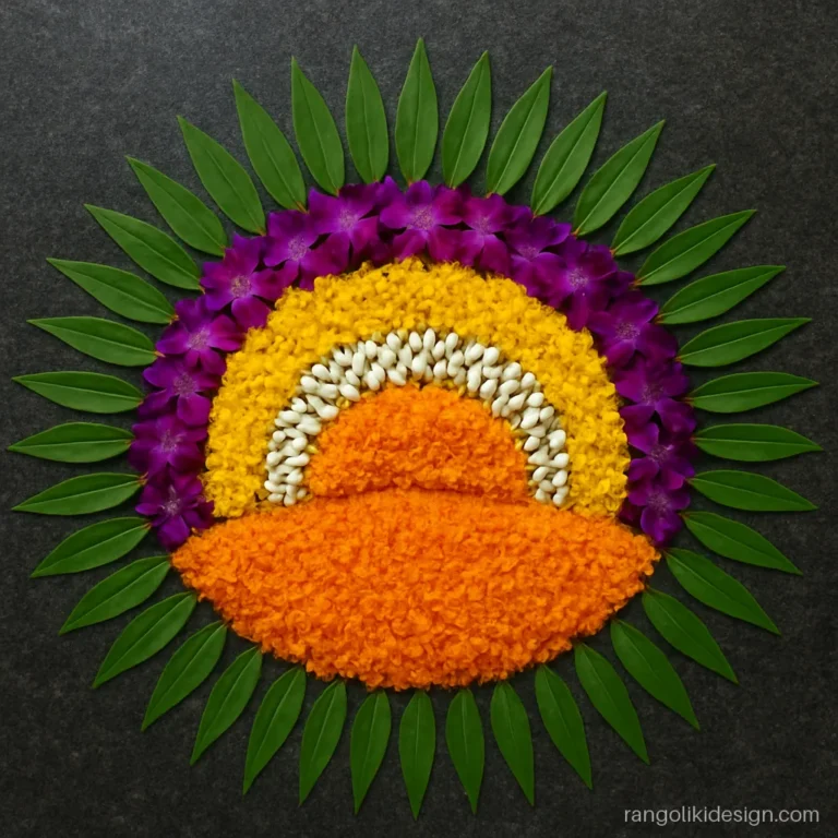 Fresh flower rangoli with green leaves, purple orchid petals and marigolds in a fan shape