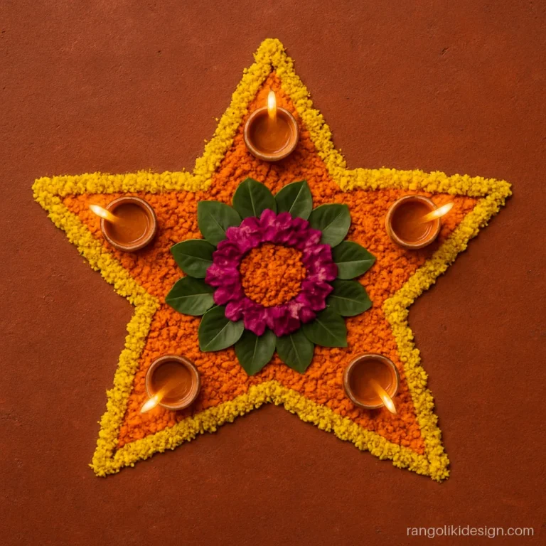 Rangoli designs for diwali with flowers, a marigold petal star holding five lit diyas