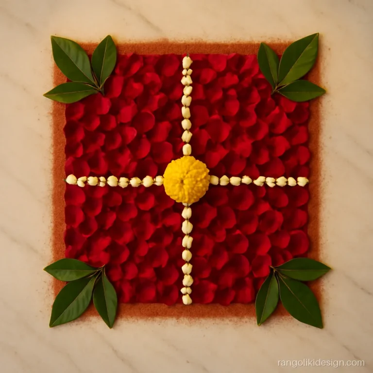 Phoolon ki rangoli in a square of red rose petals with mogra and leaf corners