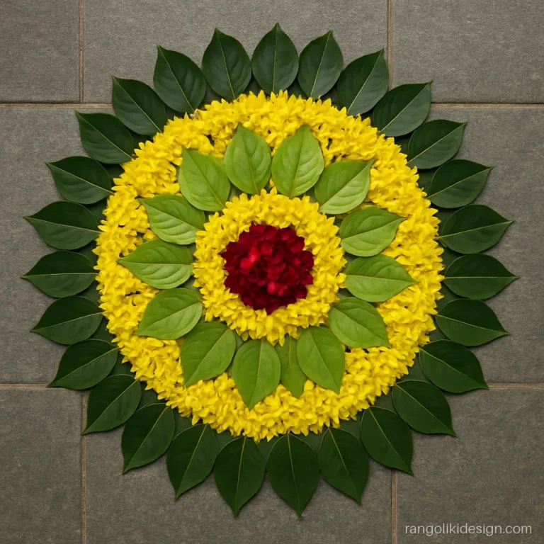 Real flower rangoli design with green leaf mandala rings and yellow shevanti petals