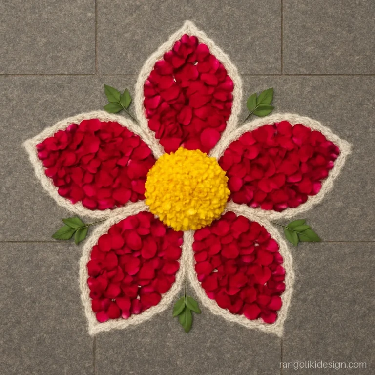 Rose rangoli designs made with red and pink rose petals in a big flower shape